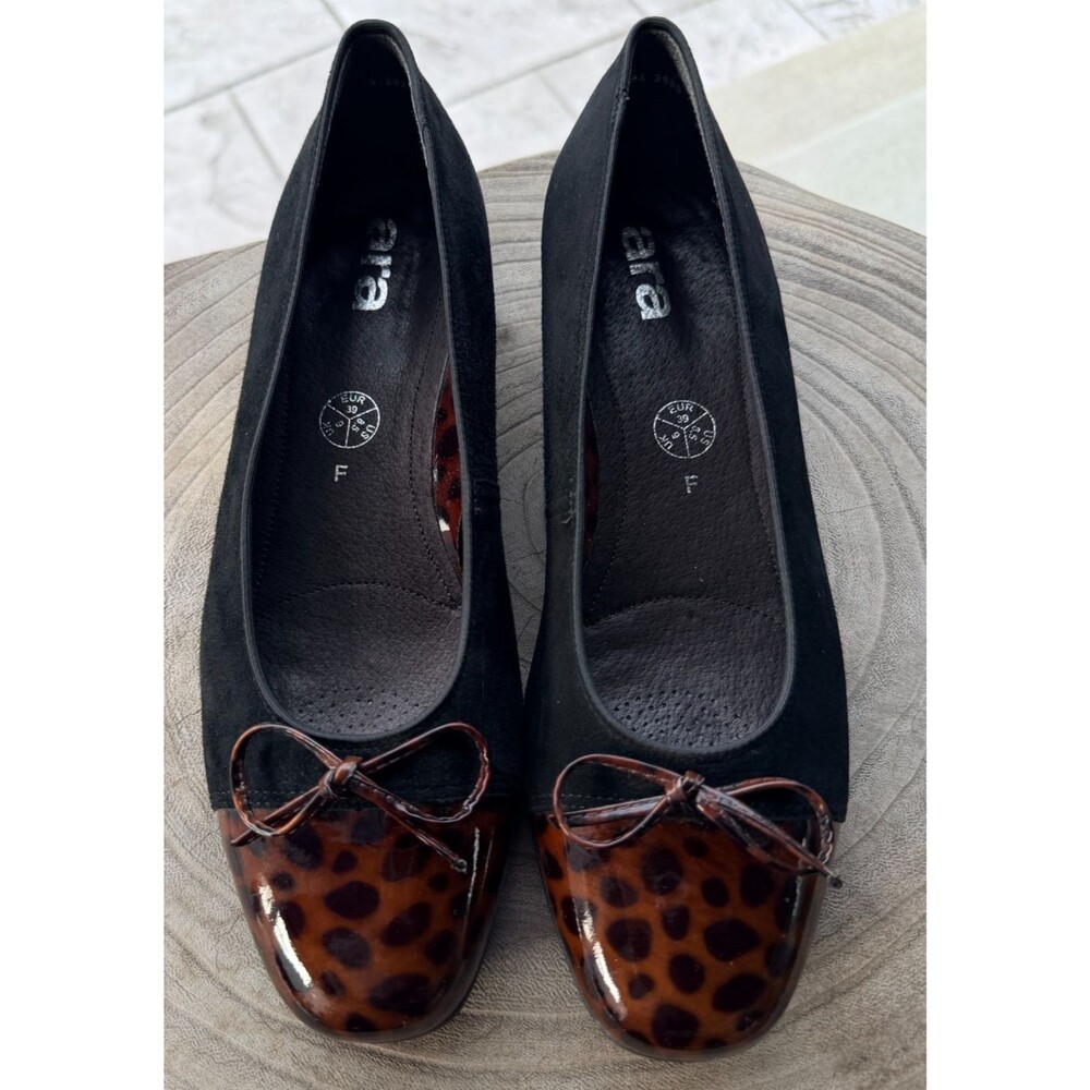 ARA Women's Bow Ballet Flat Black Suede Tortoiseshell Patent Toe Cap Sz 8.5